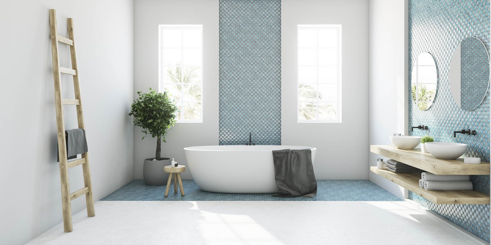 Eine freistehende Badewanne und ein Waschtisch aus Holz